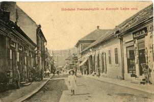 Petrozsény, Petrosani; Kossuth Lajos utca, Halász és Klein üzlete. W.L. 1682. / street view with shops