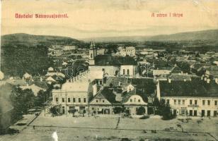 1909 Szamosújvár, Gherla; tér, felállványozott épület építés közben, Sáhin Kristóf női és úri divatáruháza. W.L. 1880. / square, counstruction, shop (EK)