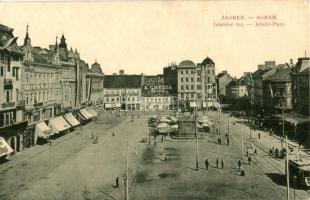 Zagreb, Agram; Jelacicev trg., F. Rodovits, A. Cnezda Staklodvor,  / square, shops, tram. W.L. Bp. 7476. 1911-13.