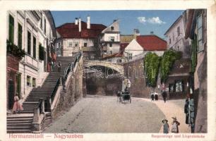 1918 Nagyszeben, Hermannstadt, Sibiu; Várlépcső és függő híd. Jos. Drotleff No. 552. / Burgerstiege, Liegenbrücke / castle staircase, bridge