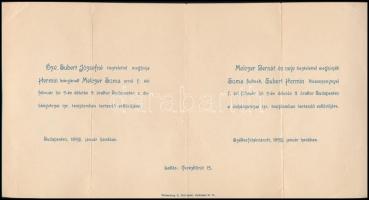 1893-1897 2 db esküvői meghívó:   1893 Budapest, Melczer Soma (1863-1942) később a Fonciére Biztosító Intézet vezértitkára, és Melczer Sománé Subert Hermina (1866-1931) esküvői meghívója a budapesti dohány utcai izraelita templomban tartandó esküvőre.  1897 Lugos, Dr. Fränkl Béla és Klein Róza esküvői meghívója a lugosi izraelita templomban tartandó esküvőre, szakadással.