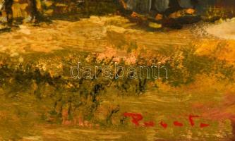 Olvashatatlan jelzéssel: Falusi jelenet. Olaj, karton, fa keretben, 25×20 cm