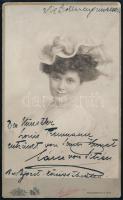 cca 1910 Petráss Sári (1888-1930) színésznő, operettprimadonna Louis Treumann (1872-1943) osztrák operetténekes és színész részére dedikált fotója, keményhátú fotó, Bp. Strelisky műterméből, 21x13 cm.