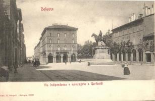 Bologna, Via Indipendenza e monumento a Garibaldi, Albergo e Ristorante Tre Vecchi / street view with statue, hotel and restaurant