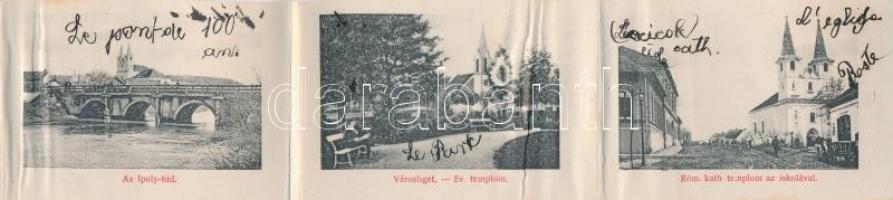 Ipolyság, Sahy; leporellólap, belül: Vasútállomás, Pénzügyi palota, Városháza, Drégely vár, Pannonia...