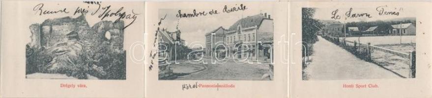 Ipolyság, Sahy; leporellólap, belül: Vasútállomás, Pénzügyi palota, Városháza, Drégely vár, Pannonia...