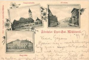 1899 Liptószentmiklós, Liptovsky Mikulas; Templombazár, Fő utca, Megyeháza. Kiadja Löw Dezső 6941. /...