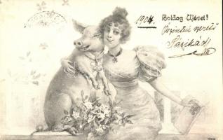 1904 Boldog Új Évet! / New Year greeting card, pig with lady (EK)
