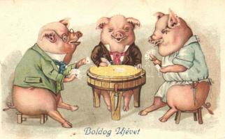 1929 Boldog Új Évet! / New Year greeting card, pigs playing card game. litho (EK)