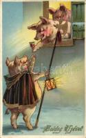 Boldog Új Évet! / New Year greeting card, pigs. S.B. 3253 litho (EK)