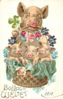 1909 Boldog Új Évet! / New Year greeting card, pigs in flower basket. litho