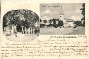 1908 Zsigárd, Zihárec; Római katolikus templom, Timár Ignác üzlete. Timár Ignácné kiadása / Catholic church, publisher's shop (r)