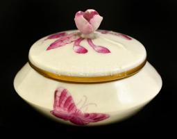 Herendi lila mintás, rózsás díszítésű apró dobozka. Kézzel festett, jelzett, hibátlan d: 6 cm, 5 cm