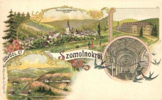 Szomolnok, Schmölnitz, Smolnik; látkép, M. kir. dohánygyár, bánya. Kiadja Wlaszlovits G. 102. / general view, tobacco factory, mine colony. Art Nouveau, floral, litho (EK)