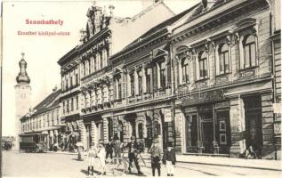 1907 Szombathely, Erzsébet királyné utca, Rainer Nanette női divatterme, bútor raktár, villamos, bicikli