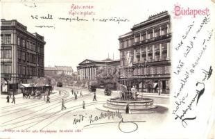 1903 Budapest VIII. Kálvin tér, szökőkút, villamosok, Erdélyi cs. kir. udv. fényképész felvételei után, litho (EK)