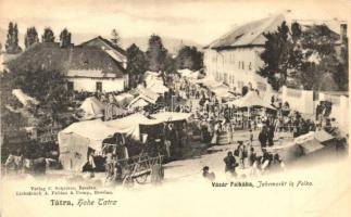 Felka, Velká (Poprád, Tátra, Tatry); Jahrmarkt in Felka. Verlag C. Schröter. Lichtdruck A. Fabian & Comp. / Vásár Felkában, árusok, bódék, üzlet / market, vendors, booths, shops (ferdén vágott / slant cut)