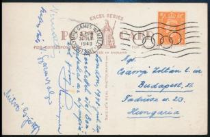 1948 Olimpiáról hazaküldött képeslap, Gyarmati Olga olimpia bajnok saját kezű aláírásával, valamint Mitró György bronzérmes, valamint Szepes Béla korábbi ezüst érmes olimpikonok aláírásaival / Postcard with autograph signature of Hungarian olimpic champion Olga Gyarmati.