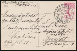 1952 Olimpiáról hazaküldött képeslap Mező Ferenc (1885-1961) olimpia bajnok saját kezű soraival / Postcard with autograph message of Hungarian olimpic champion