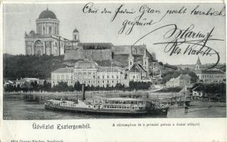 1907 Esztergom, Vártemplom és pírmási palota, Budapest gőzhajó, kiadja Gregor Fischer (EK)