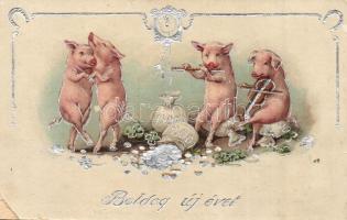 Boldog Újévet! / New Year greeting with pigs playing instruments and dancing. Emb. metallic litho (fa)