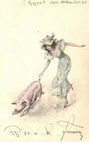 1900 Boldog Újévet! / New Year greeting with lady chasing a pig (kis szakadás / small tear)