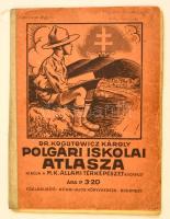 Dr. Kogutowicz Károly: Polgári iskolai atlasz. Kiadja: M. Kir. Állami Térképészet. Bp.,1930, Kókai Lajos, 32 p. Kiadói papírkötés, foltos borítóval, sérült, javított gerinccel, a könyvtest elvált a borítótól.