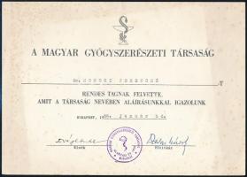 1966 a Magyar Gyógyszerészeti Társaság tagfelvételi igazoló lapja