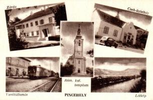 Pincehely, Római katolikus templom, vasútállomás vonattal, zárda, Cseh üzletház. Cseh Vilmos kiadása