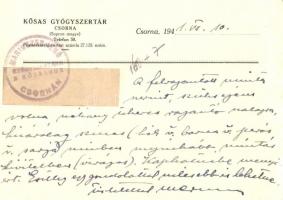 1941 Csorna, Kősas gyógyszertár, Marinczer Jenő tulajdonos levele és pecsétje (EK)