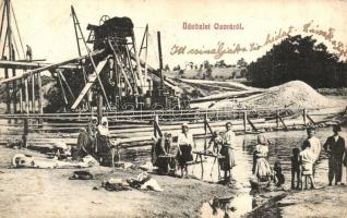 1909 Ozora, mosónők a Sió partján, Sió híd építése a Sió ásása közben. Eperjessy József kiadása