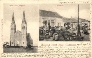 1906 Törökszentmiklós, Római katolikus templom, Piac tér, Külley Béla üzlete, piac. Szigeti Henrik udv. fényképész