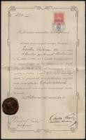 1907 Kolozsvár, Tiszti orvosi minősítési bizonyítvány, szép viaszpecséttel, okmánybélyeggel, hajtogatva, szép állapotban