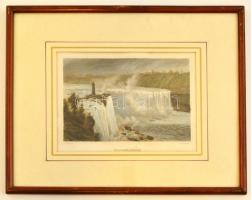 cca 1851 Niagara-Falls, színes acélmetszet, paszpartuban, üvegezett fa keretben, 12,5×17 cm