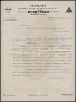 1927 Bp., Az Apart automobil, Pneumatik és Autókellék Rt., a Good Year képviselője által írt kezességvállaló levél, egyik alkalmazottjuk Sun-Villiers típusú motorkerékpár vásárlása ügyében