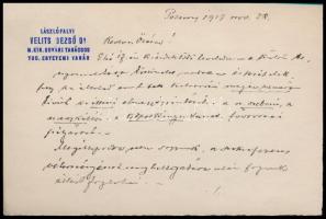 1917 dr. Velits Dezső (1860-1921) orvos, egyetemi tanár a pozsonyi (Felvidék) állami kórház igazgatója saját kezű levele dr. Zsakó István idegorvos részére szakmai kérdésekről
