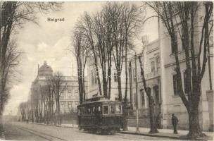 Belgrade, street view with tram + K.u.K. Feldkanonenbatterie Nr. 6/11.