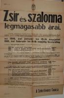 1916 I. Világháborús hirdetmény a zsír és szalonna árának meghatározásáról 60x90cm