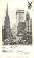 1902 New York, Lower Broadway, Trinity Church, American Surety Bldg., tram, winter. Coat of arms. Arthur Strauss No. 40. (EK)