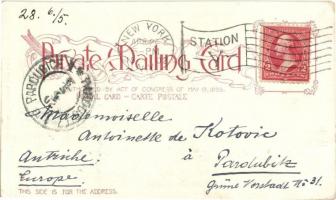 1902 New York, Lower Broadway, Trinity Church, American Surety Bldg., tram, winter. Coat of arms. Ar...