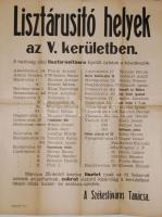 1917 I. Világháborús hirdetmény: Lisztárusító helyek az V. kerületben 50x60cm