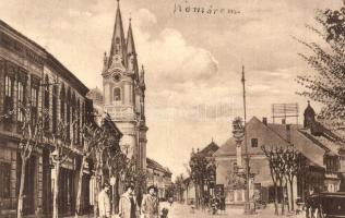 Komárom, Komárno; Nádorská ulica / Nádor utca, Szentháromság szobor, templom, Kovács üzlete. L. H. K. 24. 1933. / street view, Trinity statue, church, shops (ragasztónyom / glue marks)