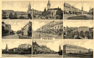 Eperjes, Presov; mozaiklap: templom, üzletek, stb. / multi-view postcard: church, shops, etc. (ragasztónyom / glue marks)