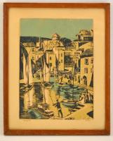 Litkei József (1922-1988): Kikötő. Színes linó, papír, jelzett, üvegezett keretben, 40×28 cm