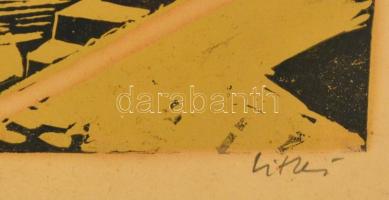 Litkei József (1922-1988): Kikötő. Színes linó, papír, jelzett, üvegezett keretben, 40×28 cm