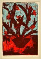 Mazsaroff Miklós (1929-1997): Páros virágú kaktusz, színezett linó, papír, 51×35 cm