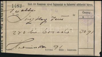 1906 Szab kir. Komárom (Felvidék) városi fogyasztási és italmérési adófizetési bárca