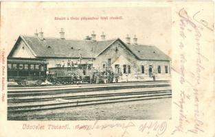 1905 Tövis, Teius; Vasútállomás, részlet a pályaudvar felső részéről, gőzmozdony, vasutasok. Szabolcs Endre kiadása / railway station, locomotive, railwaymen (fl)