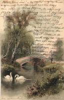 1905 Litho art postcard with little bridge and swans. Meissner & Buch Künstler-Postkarten Serie 1263. s: F. W. Hayes