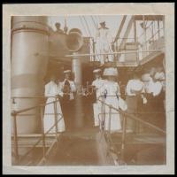 cca 1900 Bogatyr hajó fedélzetén, papírlapra ragasztott fotó, hátoldalon feliratozva, 8×8,5 cm / Bogatyr ship